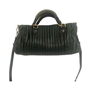 Miu Miu Pleated Nappa Leather Satchel Green Top Handle Bag Studded Crossbody